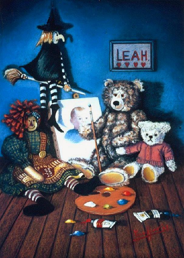Painted in 2001 when Leah was 1 Yr Old of her Teddies, Ragdoll and Witchypoo all painting her Portrait